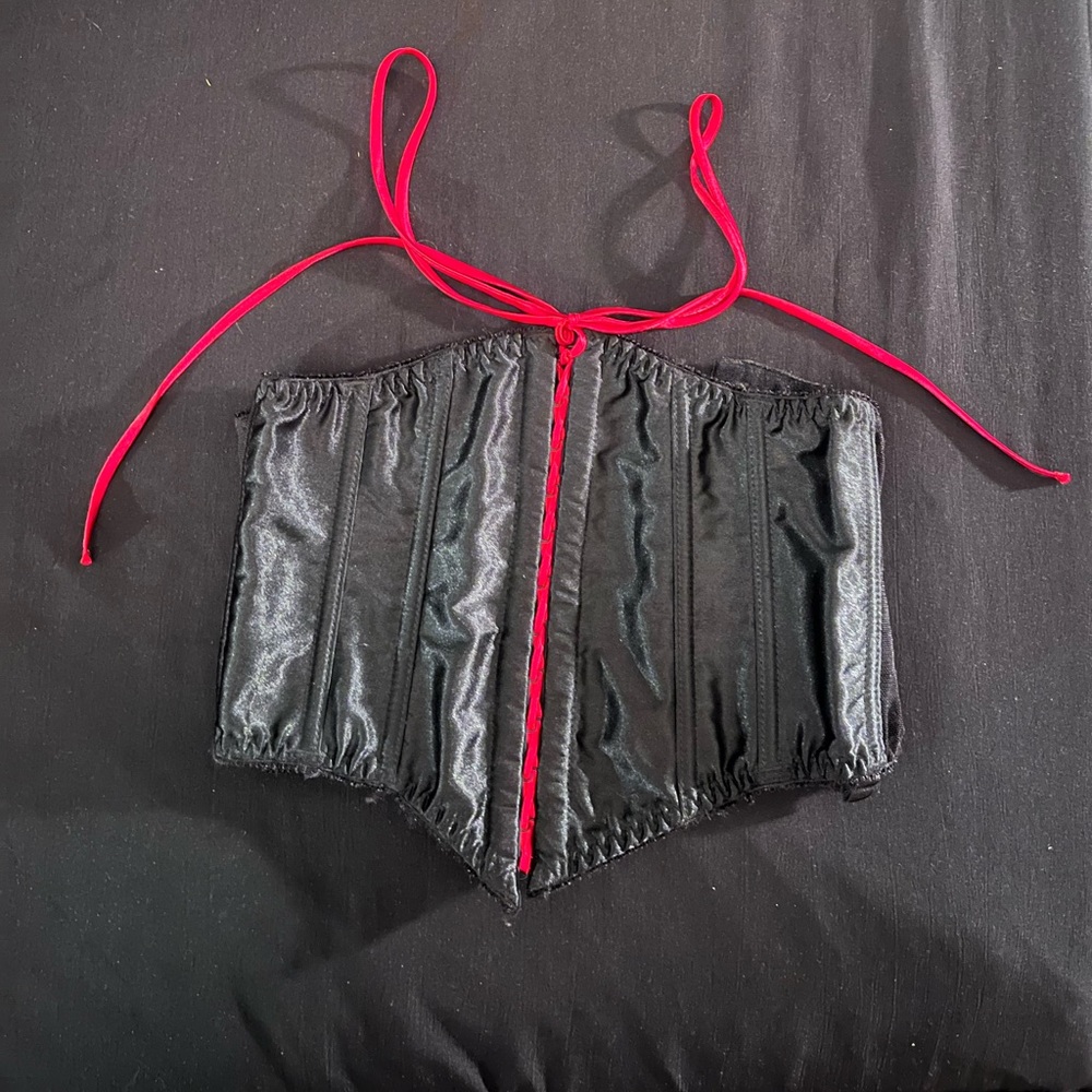 Vintage 90s Y2K Frederick’s of Hollywood black satin waist cincher w/ red laces